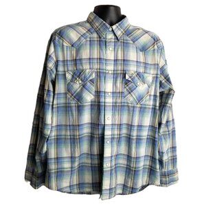 American Eagle Pearl Snap Western Shirt XL Blue Green Plaid Slim Fit Cowboy